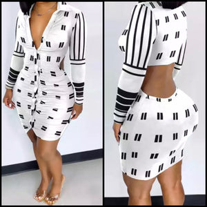 Women White & Black Printed Button Up Open Back Dress