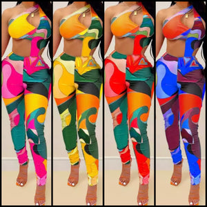 Women Sexy Multicolored Print One Shoulder Sleeveless Jumpsuit
