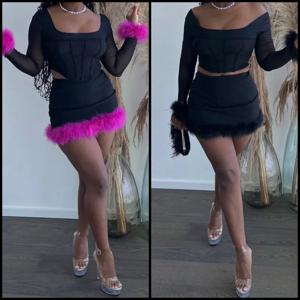 Women Fashion Full Sleeve Feather Two Piece Skirt Set