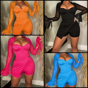 Women Sexy Solid Color Full Sleeve Wrap Romper