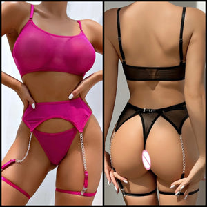 Women Mesh Chain Sexy Thong Lingerie Set