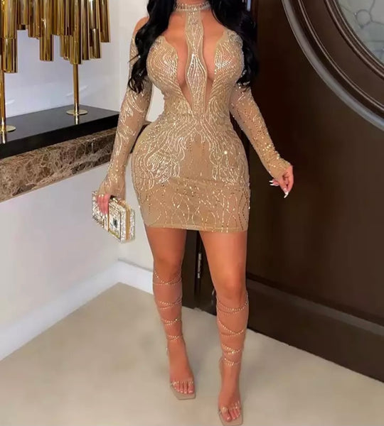 Women Mesh Patchwork Rhinestone Sexy Long Sleeve Dress