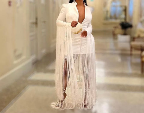 Women White Sexy Full Sleeve Tassel Dress