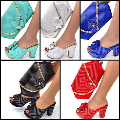 Women Color Fashion Bow Slide On Sandals Handbag Set