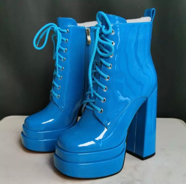 Women Patent Leather Lace Up Platform Ankle Boots