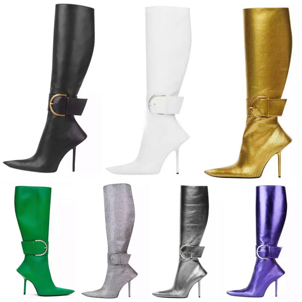 Women Pointed Toe Buckled Strap Knee High Boots