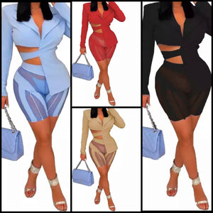 Women Sexy Cut Out Blazer Two Piece Mesh Short Set