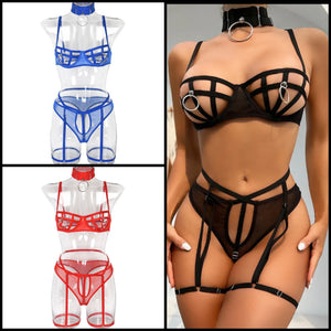 Women Sexy Metal Ring Mesh Hollow Out Lingerie Set