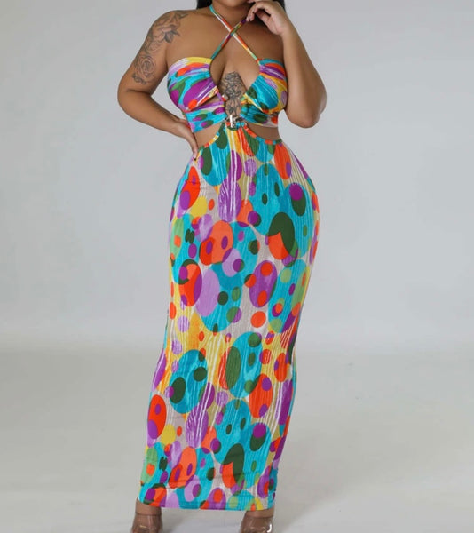 Women Halter Multicolored Print Cut Out Maxi Dress