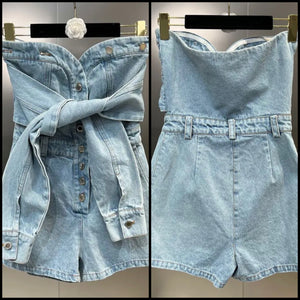 Women Fashion Button Tie Up Denim Romper