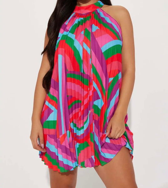 Women Sleeveless Multicolored Pleated Sexy Dress