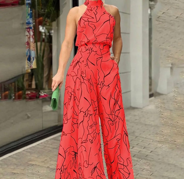 Women Printed Halter Wide Leg Jumpsuit