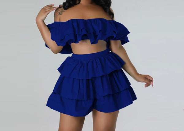 Women Sexy Ruffled Off The Shoulder Two Piece Short Set