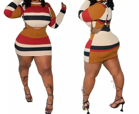 Women Striped Sexy Full Sleeve Crop Two Piece Dress