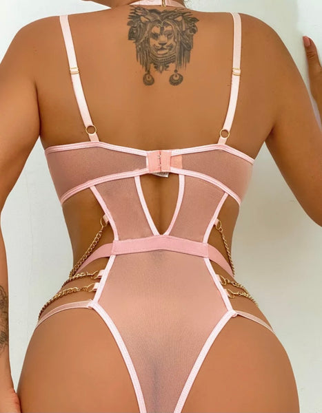 Women Sexy Pink Floral Mesh Chain Bodysuit Lingerie