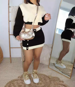 Women Button Up Varsity Two Piece Fashion Skirt Set