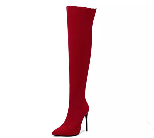 Women Color Pointed Toe High Heel Over The Knee Boots