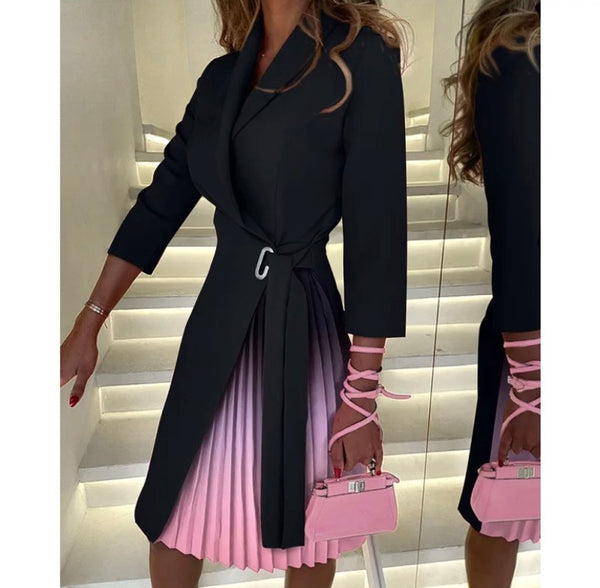 Women Fashion Full Sleeve Color Patchwork Pleated Blazer Dress