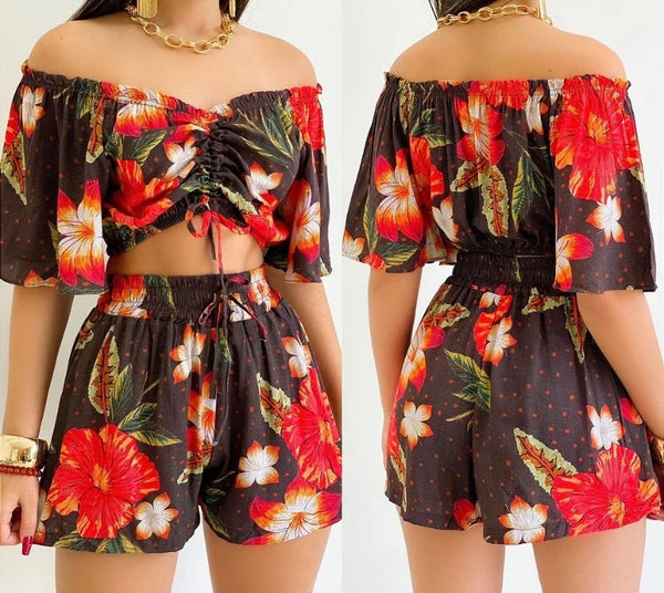 Women Printed Off The Shoulder Ruffled Short Sleeve Two Piece Short Set