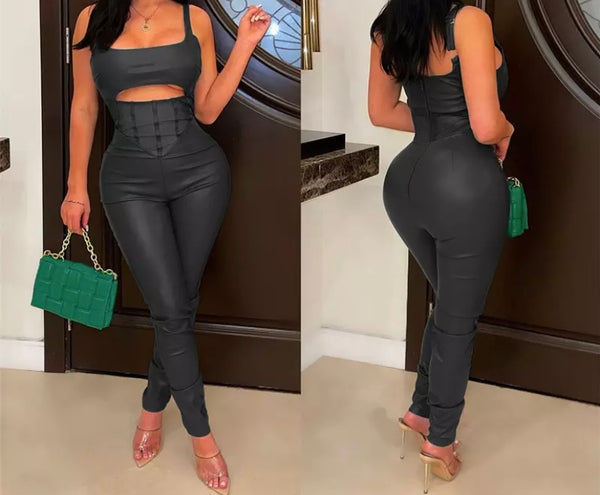 Women Sexy Sleeveless PU Fashion Jumpsuit
