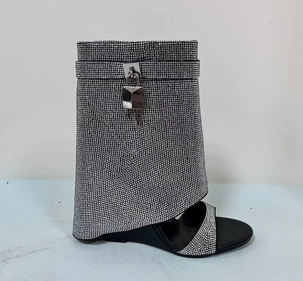 Women Bling Lock Open Toe Wedge Ankle Boots