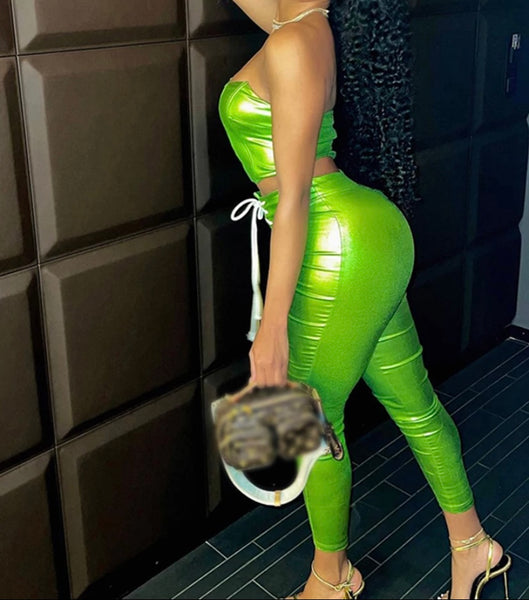 Women Sexy Green PU Strapless Two Piece Pant Set
