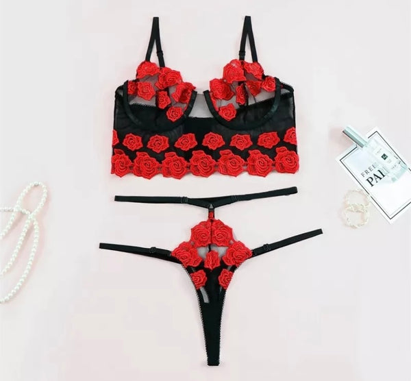 Women Sexy Rose Mesh Lingerie Set