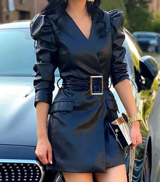 Women Fashion Faux Leather Black Sexy Dress