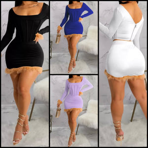 Women Sexy Full Feather Sleeve Back Zipper Two Piece Skirt Set