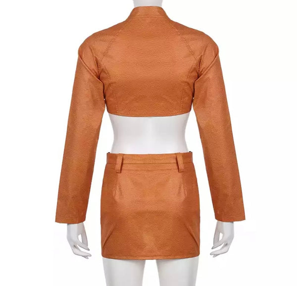 Women Sexy Fashion Faux Leather Crop Two Piece Skirt Set