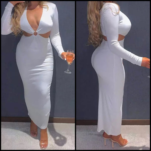 Women Sexy Long Sleeve Solid Color Hollow Out Maxi Dress