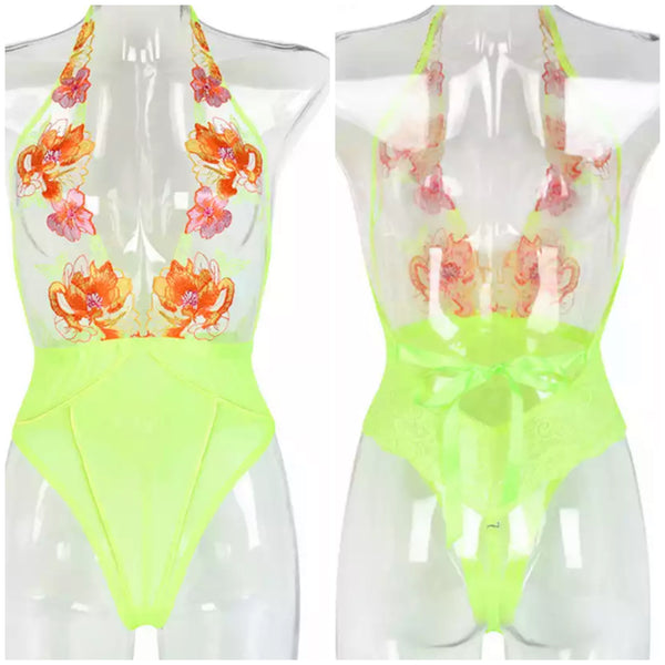 Women Floral Mesh Sexy Neon Bodysuit Lingerie Set