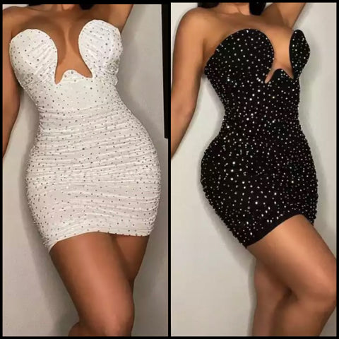 Women Bling Ruched Sexy Strapless Dress