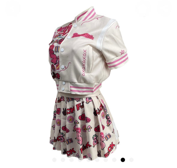 Women Printed Fashion Varsity Jacket Two Piece Pleated Skirt Set