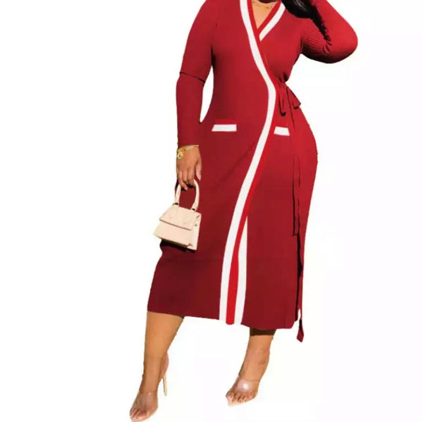 Women Color Striped Fashion Belted Sweater Maxi Dress