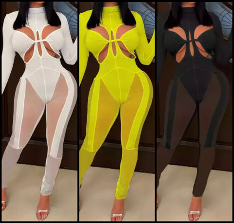 Women Solid Color Mesh Patchwork Sexy Full Sleeve Jumpsuit