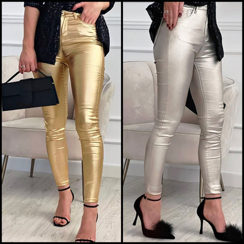 Women Fashion Metallic PU Skinny Pants