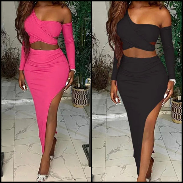 Women Sexy One Shoulder Full Sleeve Crop Two Piece Side Split Skirt Set