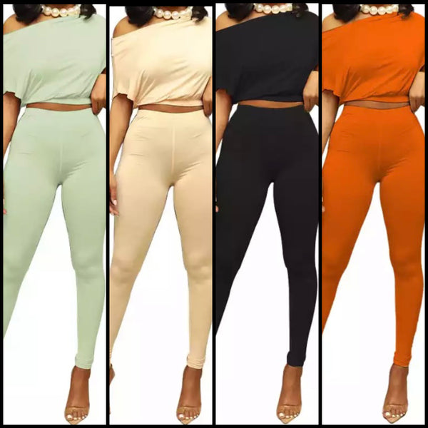 Women Solid Color Short Sleeve Crop Two Piece Pant Set