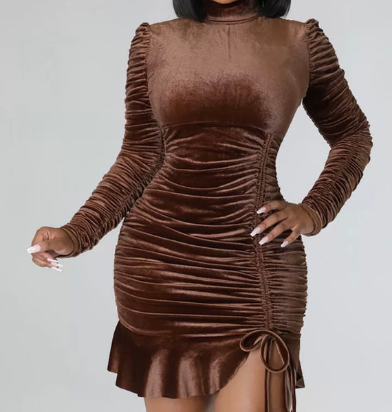 Women Sexy Velour Ruched Drawstring Full Sleeve Dress