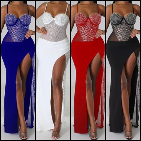 Women Sexy Sleeveless Side Split Bling Mesh Patchwork Maxi Dress