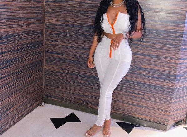 Women Sexy Strapless White Front Zipper Two Piece Pant Set