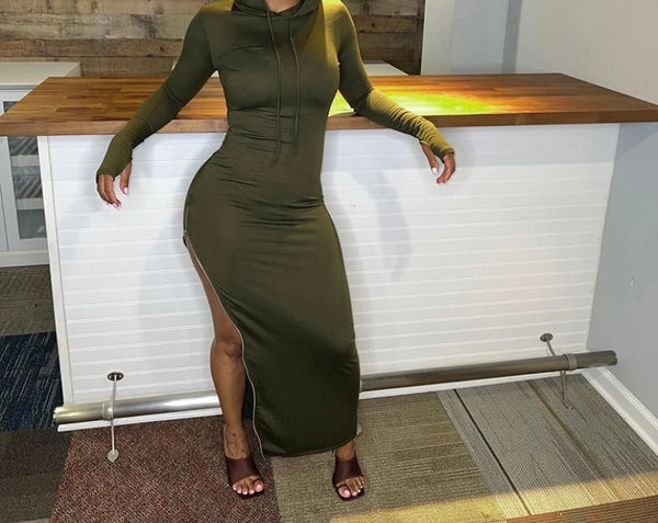 Women Fashion Hooded Side Zipper Full Sleeve Maxi Dress