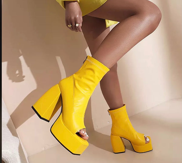 Women Fashion PU Open Toe Platform Ankle Boots