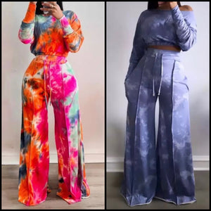 Women Fashion Tie Dye Full Sleeve Crop Two Piece Pant Set