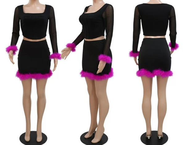 Women Fashion Full Sleeve Feather Two Piece Skirt Set