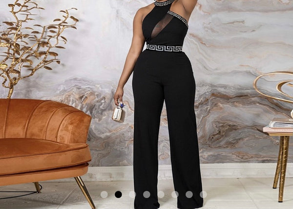 Women Sleeveless Mesh Patchwork Wide Leg Black Jumpsuit