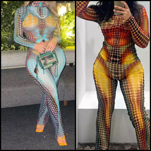 Women Sexy Fashion Multicolored Print Full Sleeve Two Piece Pant Set