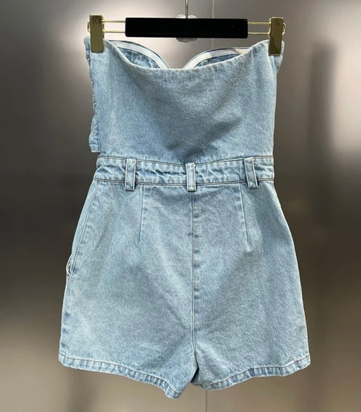Women Fashion Button Tie Up Denim Romper