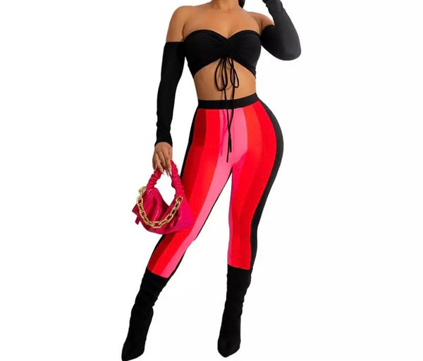 Women Off The Shoulder Full Sleeve Crop Two Piece Striped Pant Set